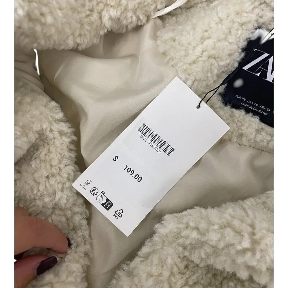 Zara Womens Faux Fur Coat Jacket XS Oyster White Teddy collared 4391/855 NWT - Picture 6 of 16